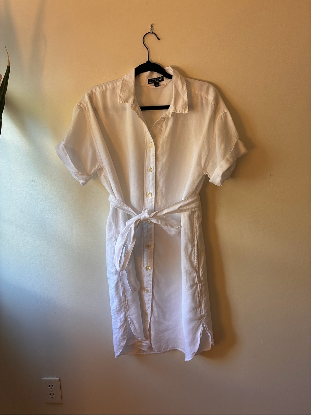J. Crew White Button-Front 100% Linen Shirt Dress with Waist Tie
